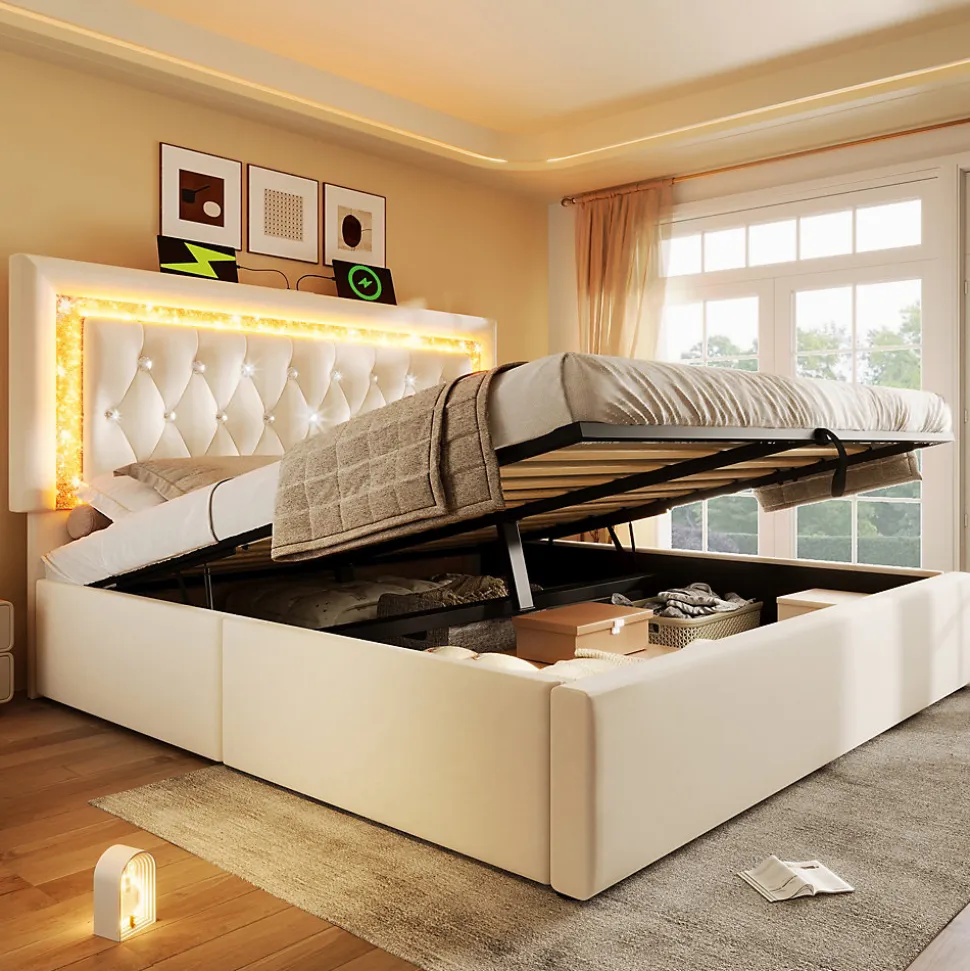 Lit Coffre Double 160x200 cm - LED Diamant et USB Type-C, Rangement Hydraulique, Sommier à Lattes, Velours Beige - Sans Matelas