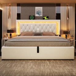 Lit Coffre Double 160x200 cm - LED Diamant et USB Type-C, Rangement Hydraulique, Sommier à Lattes, Velours Beige - Sans Matelas