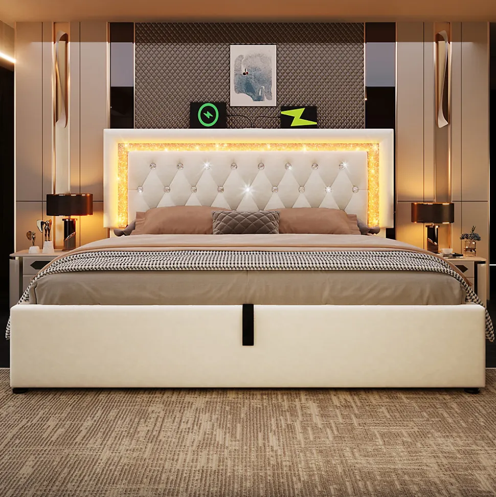 Lit Coffre Double 160x200 cm - LED Diamant et USB Type-C, Rangement Hydraulique, Sommier à Lattes, Velours Beige - Sans Matelas