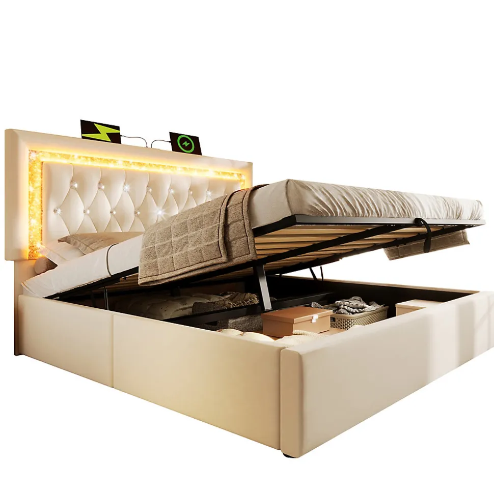 Lit Coffre Double 160x200 cm - LED Diamant et USB Type-C, Rangement Hydraulique, Sommier à Lattes, Velours Beige - Sans Matelas