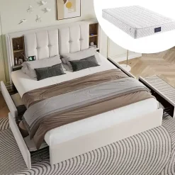 Lit Coffre Double 160x200 cm - Lit Adulte Capitonné avec 4 Tiroirs, Charge Sans Fil, USB, Type-C - Lin Beige - Matelas Inclus