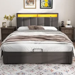 Lit Coffre Double 140x190 cm - Lit Hydraulique avec Rangement et Éclairage LED - Tissu Lin - Sans Matelas - Gris