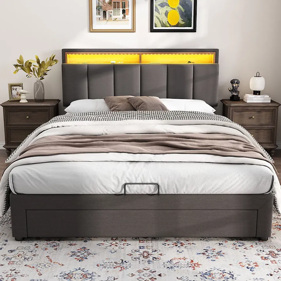 Lit Coffre Double 140x190 cm - Lit Hydraulique avec Rangement et Éclairage LED - Tissu Lin - Sans Matelas - Gris