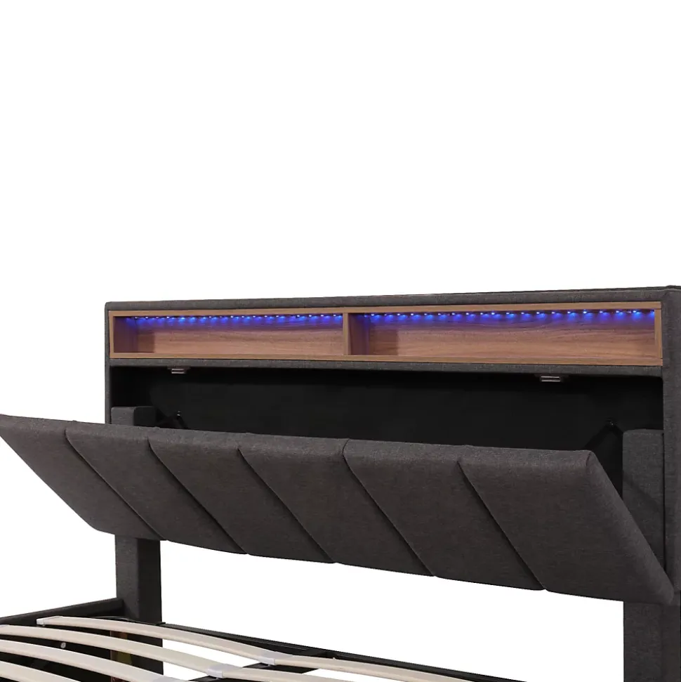 Lit Coffre Double 140x190 cm - Lit Hydraulique avec Rangement et Éclairage LED - Tissu Lin - Sans Matelas - Gris