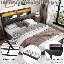 Lit Coffre Double 140x190 cm - Lit Hydraulique avec Rangement et Éclairage LED - Tissu Lin - Sans Matelas - Gris