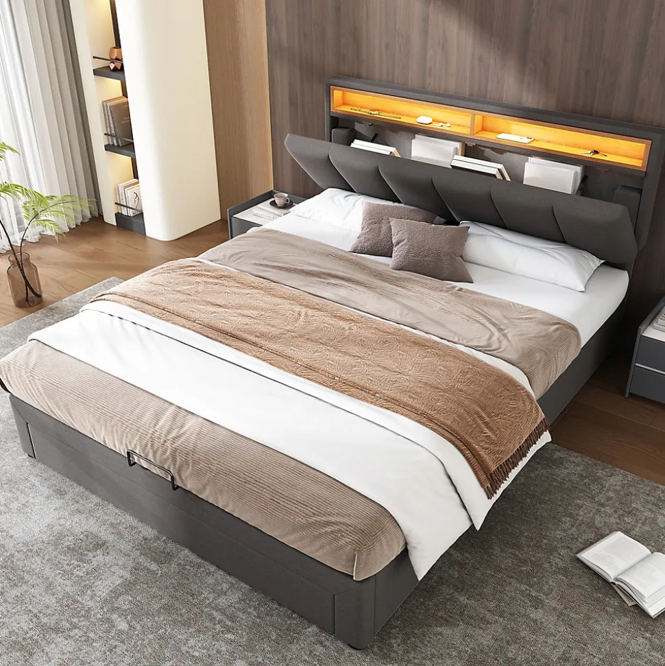 Lit Coffre Double 140x190 cm - Lit Hydraulique avec Rangement et Éclairage LED - Tissu Lin - Sans Matelas - Gris