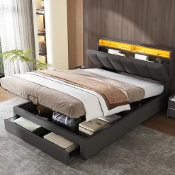 Lit Coffre Double 140x190 cm - Lit Hydraulique avec Rangement et Éclairage LED - Tissu Lin - Sans Matelas - Gris