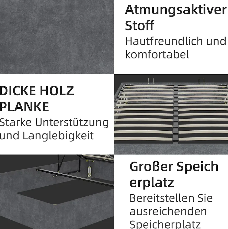 Lit Coffre Double 160x200 cm - Moderne en Velours Hollandais avec Vérin Hydraulique, Sans Tête de Lit - Gris - Sans Matelas