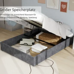 Lit Coffre Double 160x200 cm - Moderne en Velours Hollandais avec Vérin Hydraulique, Sans Tête de Lit - Gris - Sans Matelas