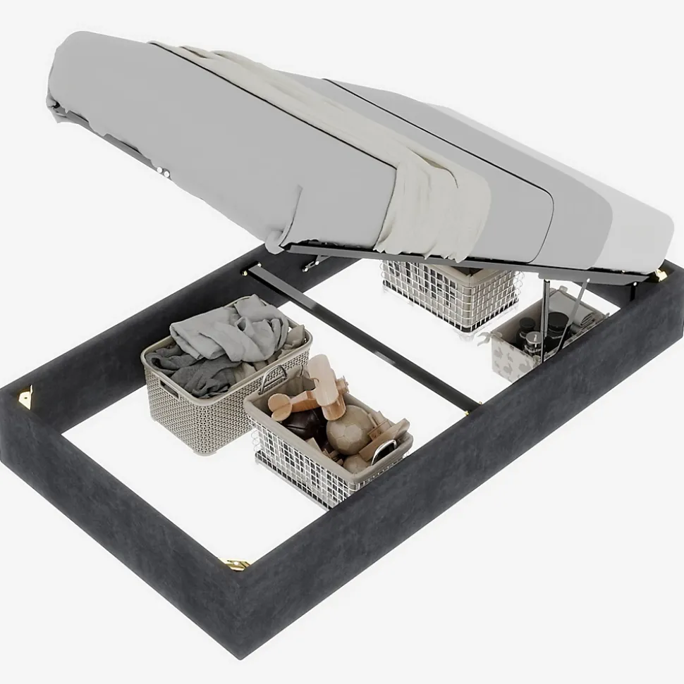 Lit Coffre Double 160x200 cm - Moderne en Velours Hollandais avec Vérin Hydraulique, Sans Tête de Lit - Gris - Sans Matelas