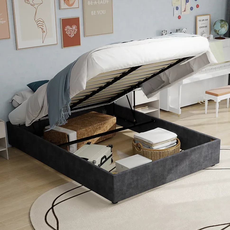 Lit Coffre Double 160x200 cm - Moderne en Velours Hollandais avec Vérin Hydraulique, Sans Tête de Lit - Gris - Sans Matelas