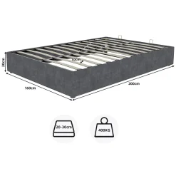 Lit Coffre Double 160x200 cm - Moderne en Velours Hollandais avec Vérin Hydraulique, Sans Tête de Lit - Gris - Sans Matelas