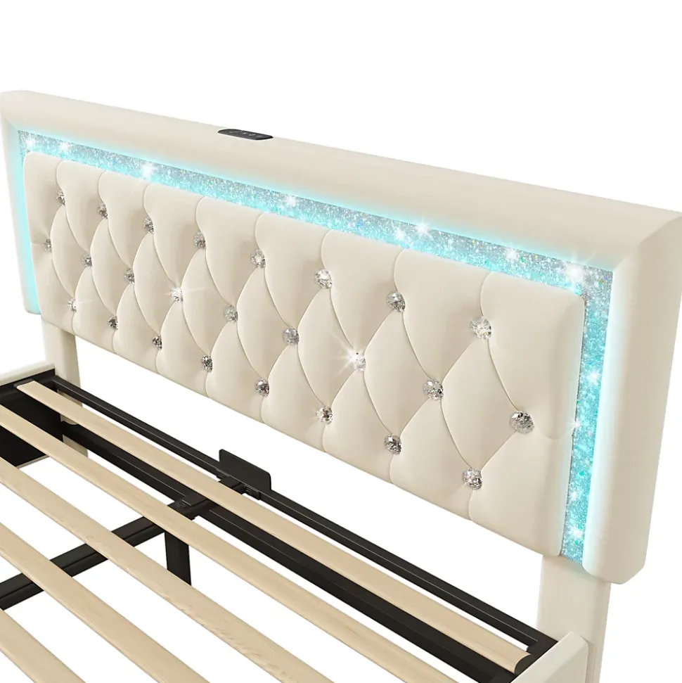 Lit Coffre Double 140x200 cm - Tête de Lit LED et USB Type-C, Sommier à Lattes, Rangement Hydraulique, Velours Beige, Sans Matelas