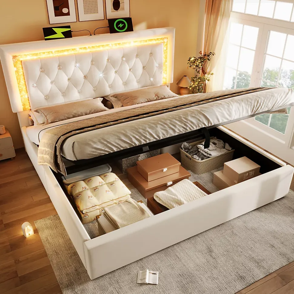 Lit Coffre Double 140x200 cm - Tête de Lit LED et USB Type-C, Sommier à Lattes, Rangement Hydraulique, Velours Beige, Sans Matelas