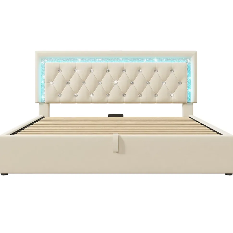Lit Coffre Double 140x200 cm - Tête de Lit LED et USB Type-C, Sommier à Lattes, Rangement Hydraulique, Velours Beige, Sans Matelas