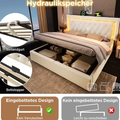 Lit Coffre Double 140x200 cm - Tête de Lit LED et USB Type-C, Sommier à Lattes, Rangement Hydraulique, Velours Beige, Sans Matelas