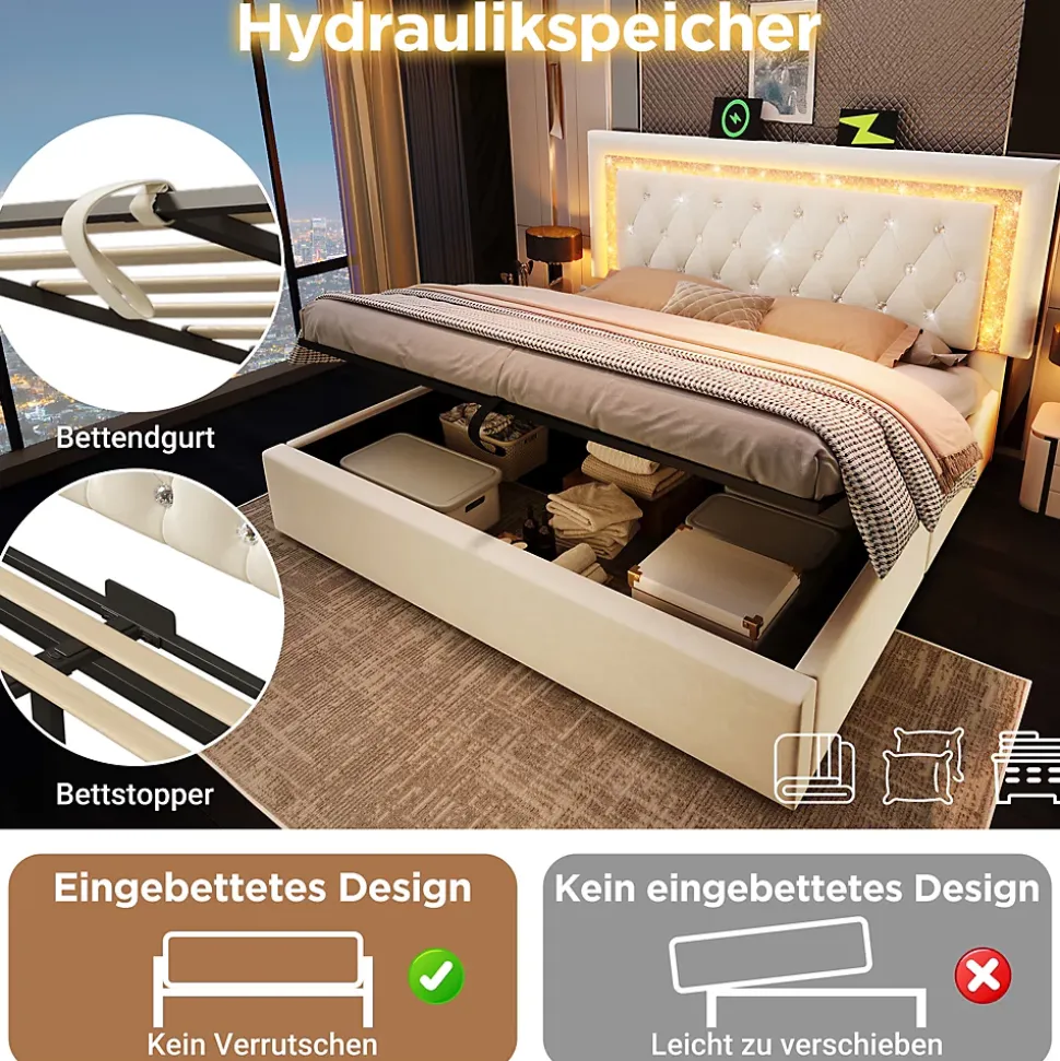Lit Coffre Double 140x200 cm - Tête de Lit LED et USB Type-C, Sommier à Lattes, Rangement Hydraulique, Velours Beige, Sans Matelas