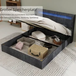 Lit Coffre Double 140x200 cm Adulte Moderne, Mécanisme à Vérin à Gaz et Rangement, Sans Tête de Lit, Sans Matelas, Velours Gris