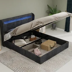 Lit Coffre Double 140x200 cm Adulte Moderne, Mécanisme à Vérin à Gaz et Rangement, Sans Tête de Lit, Sans Matelas, Velours Gris