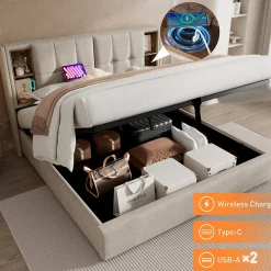Lit Coffre Double 140x200 cm avec LED et Port USB, Lit Rembourré Moderne avec Coffre Hydraulique - Lin Naturel - Sans Matelas