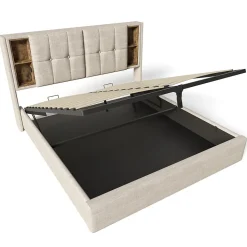 Lit Coffre Double 140x200 cm avec LED et Port USB, Lit Rembourré Moderne avec Coffre Hydraulique - Lin Naturel - Sans Matelas
