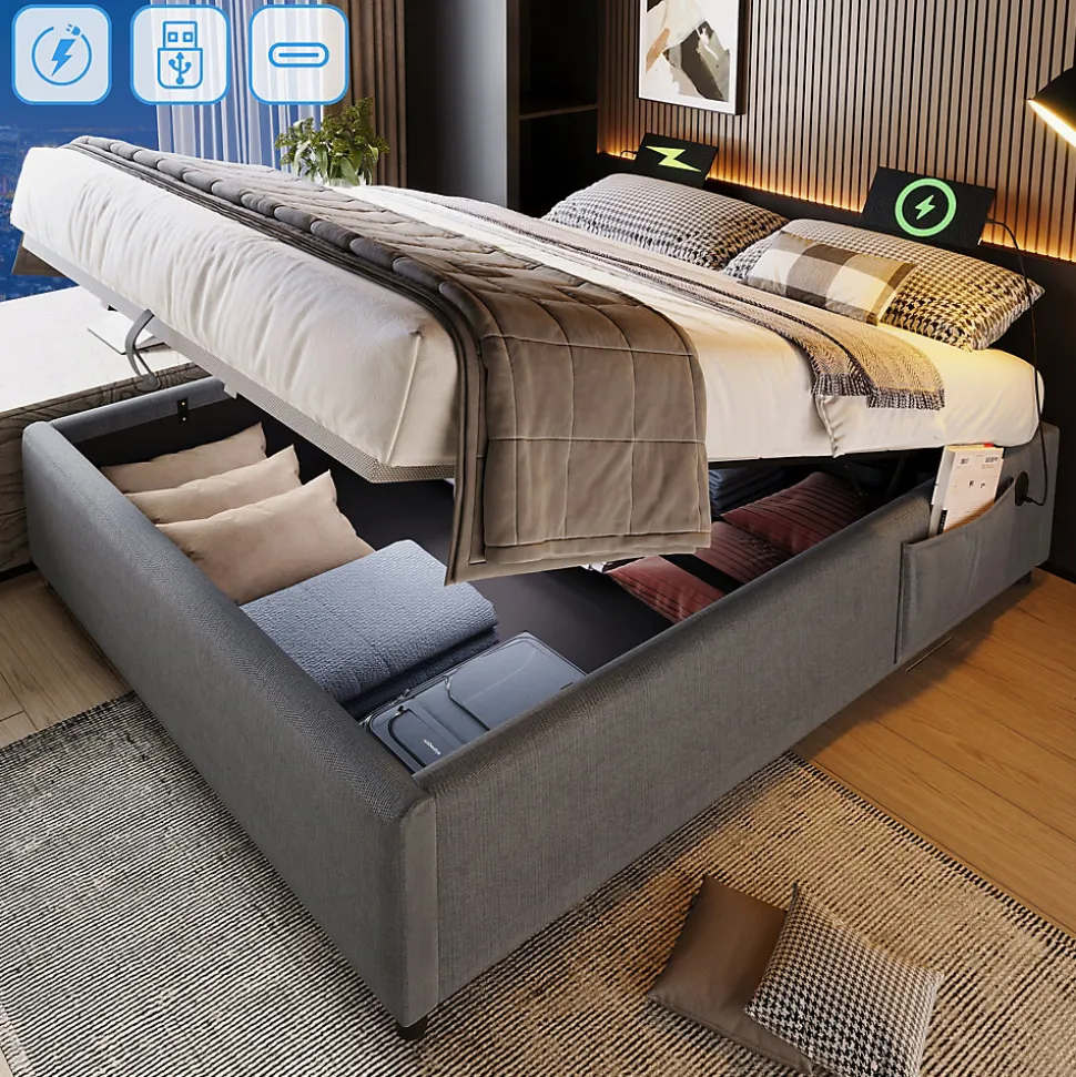 Lit Coffre Double 160x200 cm avec Coffre de Rangement et Port USB-C, Cadre Bois Massif et Coton Gris, Sans Matelas