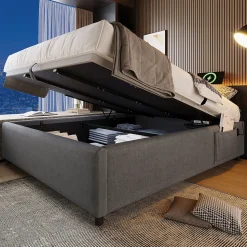 Lit Coffre Double 160x200 cm avec Coffre de Rangement et Port USB-C, Cadre Bois Massif et Coton Gris, Sans Matelas