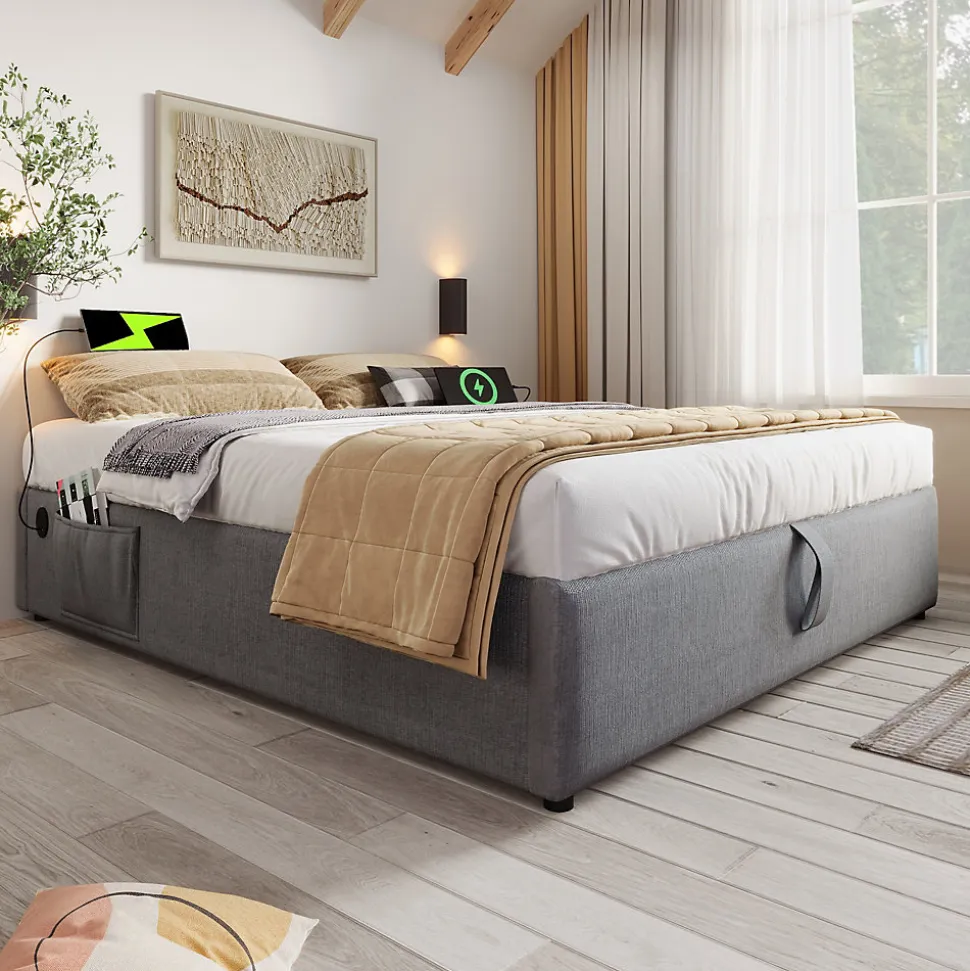 Lit Coffre Double 160x200 cm avec Coffre de Rangement et Port USB-C, Cadre Bois Massif et Coton Gris, Sans Matelas