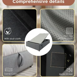 Lit Coffre Double 160x200 cm avec Coffre de Rangement et Port USB-C, Cadre Bois Massif et Coton Gris, Sans Matelas