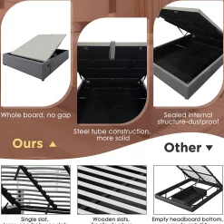 Lit Coffre Double 160x200 cm avec Coffre de Rangement et Port USB-C, Cadre Bois Massif et Coton Gris, Sans Matelas