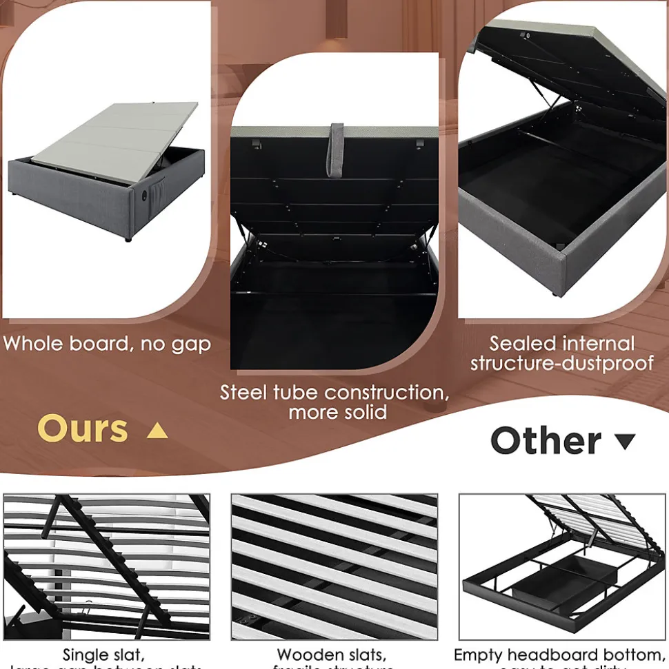 Lit Coffre Double 160x200 cm avec Coffre de Rangement et Port USB-C, Cadre Bois Massif et Coton Gris, Sans Matelas