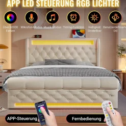 Lit Coffre Double 140x200 cm avec LED et Ports USB Type-C - Tête de Lit avec Rangement - Velours Beige - Matelas Inclus