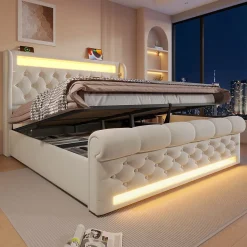 Lit Coffre Double 140x200 cm avec LED et Ports USB Type-C - Tête de Lit avec Rangement - Velours Beige - Matelas Inclus