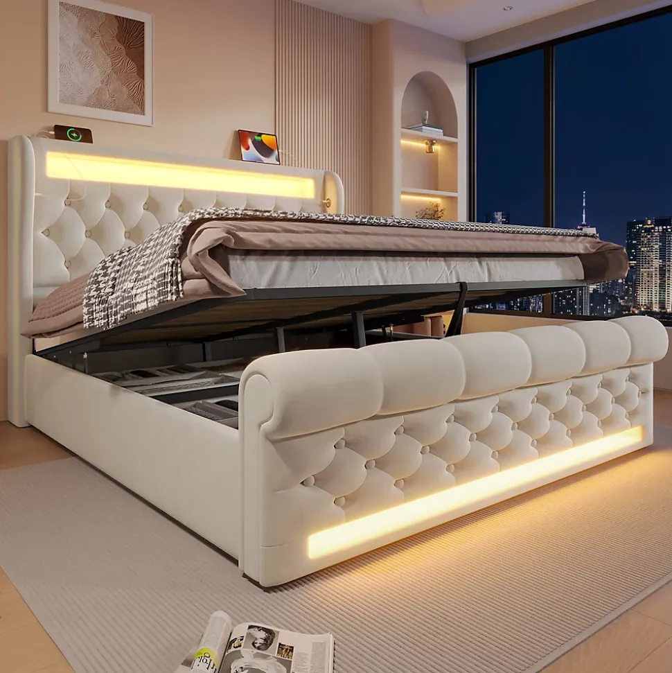 Lit Coffre Double 140x200 cm avec LED et Ports USB Type-C - Tête de Lit avec Rangement - Velours Beige - Matelas Inclus