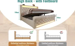 Lit Coffre Double 140x200 cm avec LED et Ports USB Type-C - Tête de Lit avec Rangement - Velours Beige - Matelas Inclus