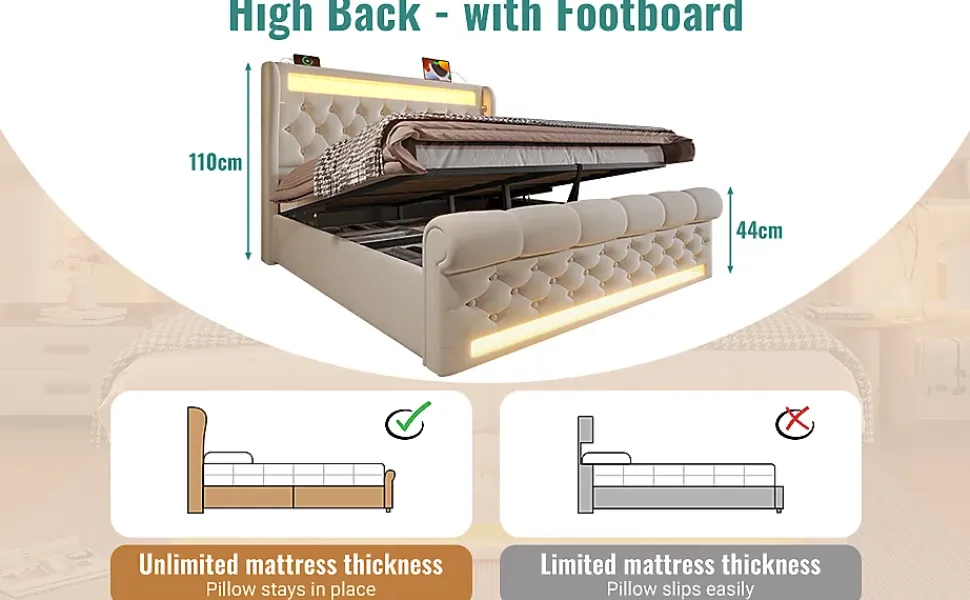 Lit Coffre Double 140x200 cm avec LED et Ports USB Type-C - Tête de Lit avec Rangement - Velours Beige - Matelas Inclus
