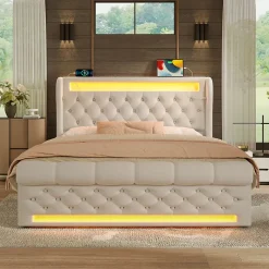 Lit Coffre Double 140x200 cm avec LED et Ports USB Type-C - Tête de Lit avec Rangement - Velours Beige - Matelas Inclus