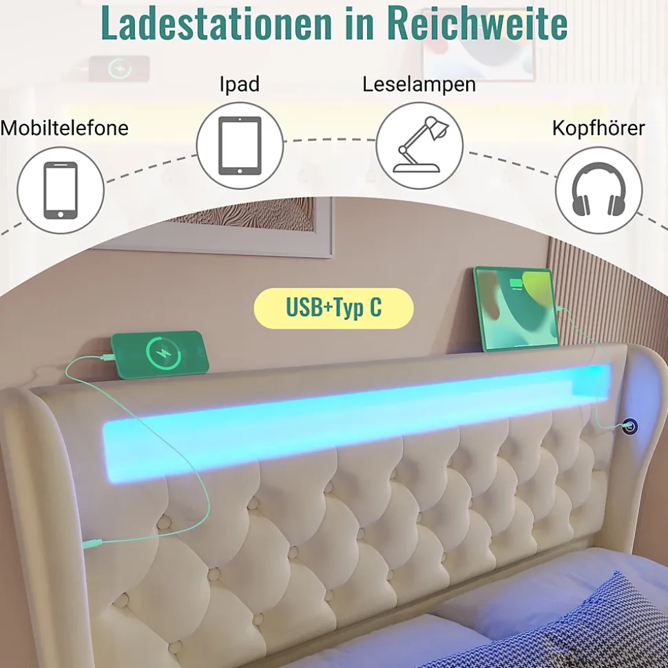 Lit Coffre Double 140x200 cm avec LED et Ports USB Type-C - Tête de Lit avec Rangement - Velours Beige - Matelas Inclus