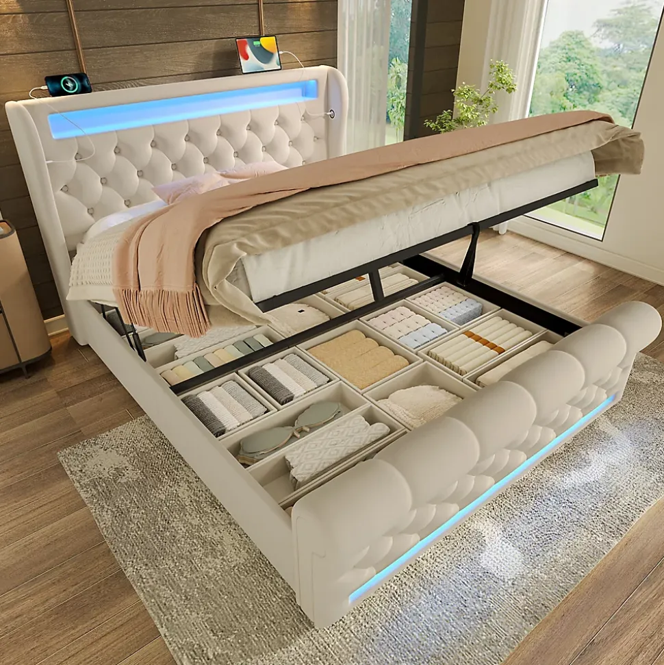 Lit Coffre Double 140x200 cm avec LED et Ports USB Type-C - Tête de Lit avec Rangement - Velours Beige - Matelas Inclus
