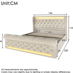 Lit Coffre Double 140x200 cm avec LED et Ports USB Type-C - Tête de Lit avec Rangement - Velours Beige - Matelas Inclus