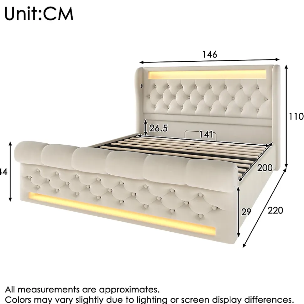 Lit Coffre Double 140x200 cm avec LED et Ports USB Type-C - Tête de Lit avec Rangement - Velours Beige - Matelas Inclus
