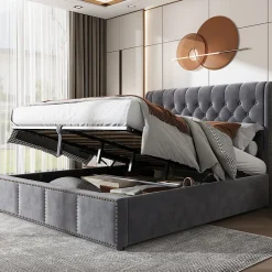 Lit Coffre Double 140x190 cm avec Système Hydraulique, Lit Capitonné en Velours, Gris - Sans Matelas