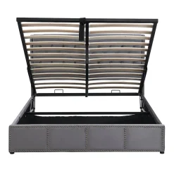 Lit Coffre Double 140x190 cm avec Système Hydraulique, Lit Capitonné en Velours, Gris - Sans Matelas