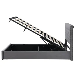 Lit Coffre Double 140x190 cm avec Système Hydraulique, Lit Capitonné en Velours, Gris - Sans Matelas