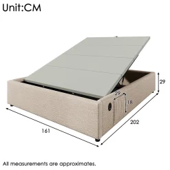 Lit Coffre Double 160x200 cm avec Rangement Intégré et Port USB-C, Cadre Bois et Lin Beige, Sans Matelas