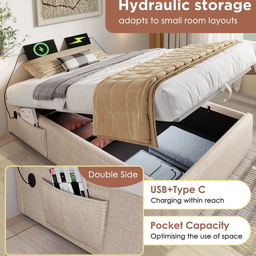 Lit Coffre Double 160x200 cm avec Rangement Intégré et Port USB-C, Cadre Bois et Lin Beige, Sans Matelas
