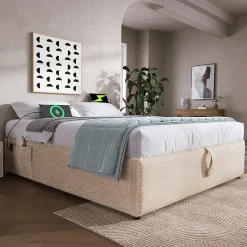 Lit Coffre Double 160x200 cm avec Rangement Intégré et Port USB-C, Cadre Bois et Lin Beige, Sans Matelas