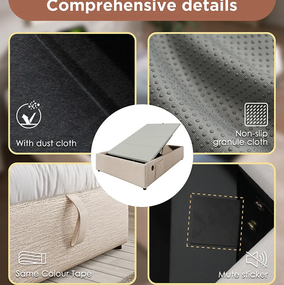 Lit Coffre Double 160x200 cm avec Rangement Intégré et Port USB-C, Cadre Bois et Lin Beige, Sans Matelas