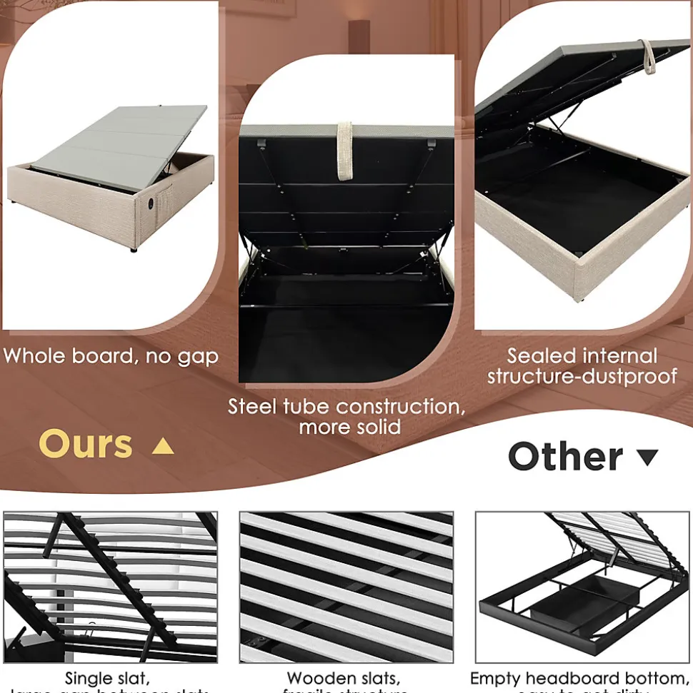 Lit Coffre Double 160x200 cm avec Rangement Intégré et Port USB-C, Cadre Bois et Lin Beige, Sans Matelas