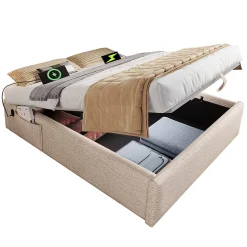 Lit Coffre Double 160x200 cm avec Rangement Intégré et Port USB-C, Cadre Bois et Lin Beige, Sans Matelas
